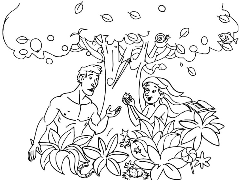 Eve eats an apple from the Tree of the Knowledge of Good and Evil Coloring Page