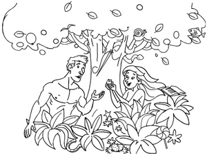 Eve eats an apple from the Tree of the Knowledge of Good and Evil