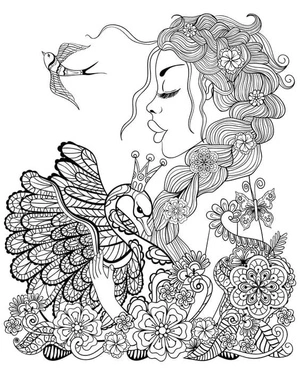 Girl and Swan in a Beautiful Scene Coloring Page