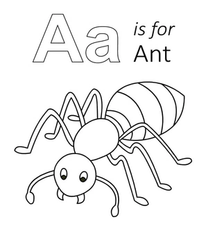The coloring page is labeled "A Is For Ant". Coloring Page
