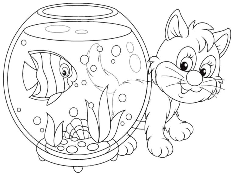 Adorable Kitty in an Aquarium Coloring Page
