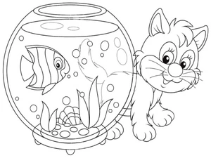 Adorable Kitty in an Aquarium Coloring Page