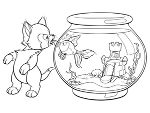 Amusing Cat with Fish in an Aquarium Coloring Page