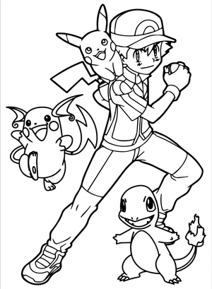 Ash Ketchum with his Pokemon Coloring Page