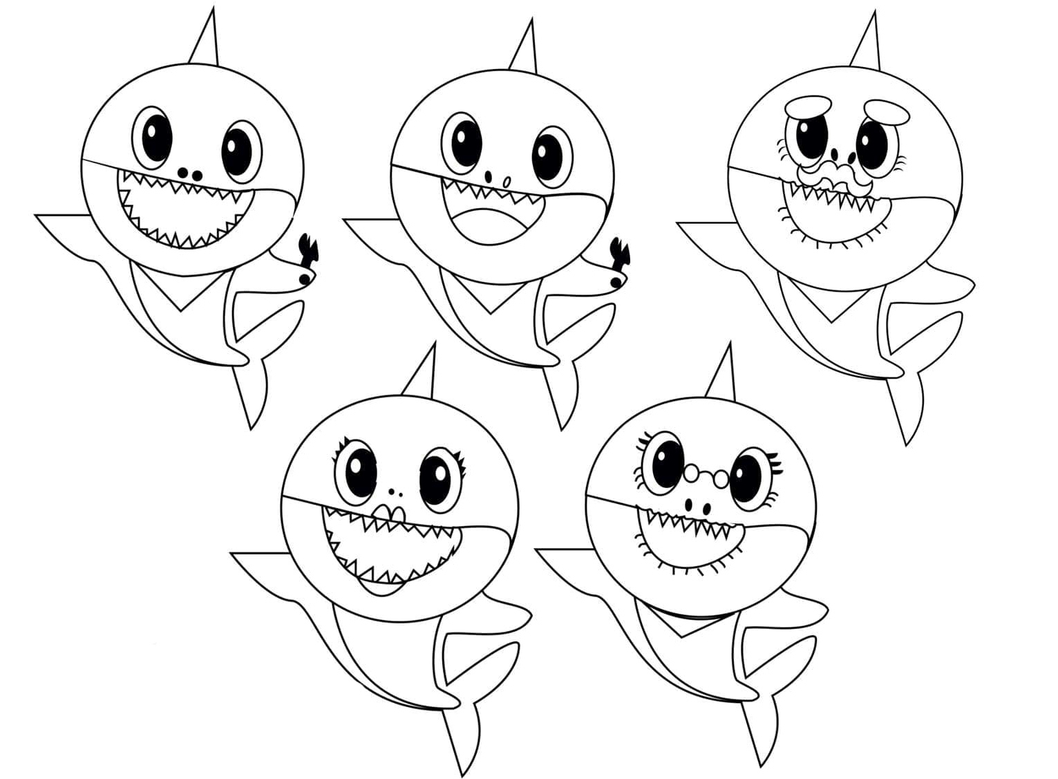 Adorable Shark Family portrait Coloring Page