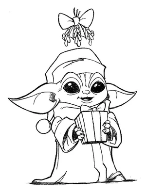 Baby Yoda with a Gift Coloring Page