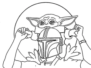 The Child and the bounty hunter from The Mandalorian Coloring Page