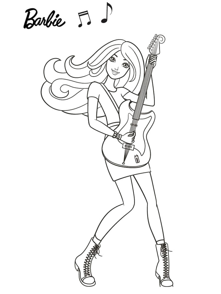 Barbie strumming the Guitar Coloring Page
