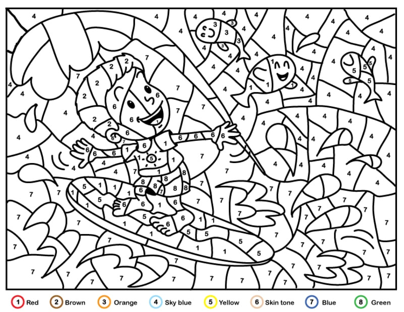 Color By Number Surfing Boy Coloring Page