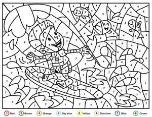 Color By Number Surfing Boy Coloring Page