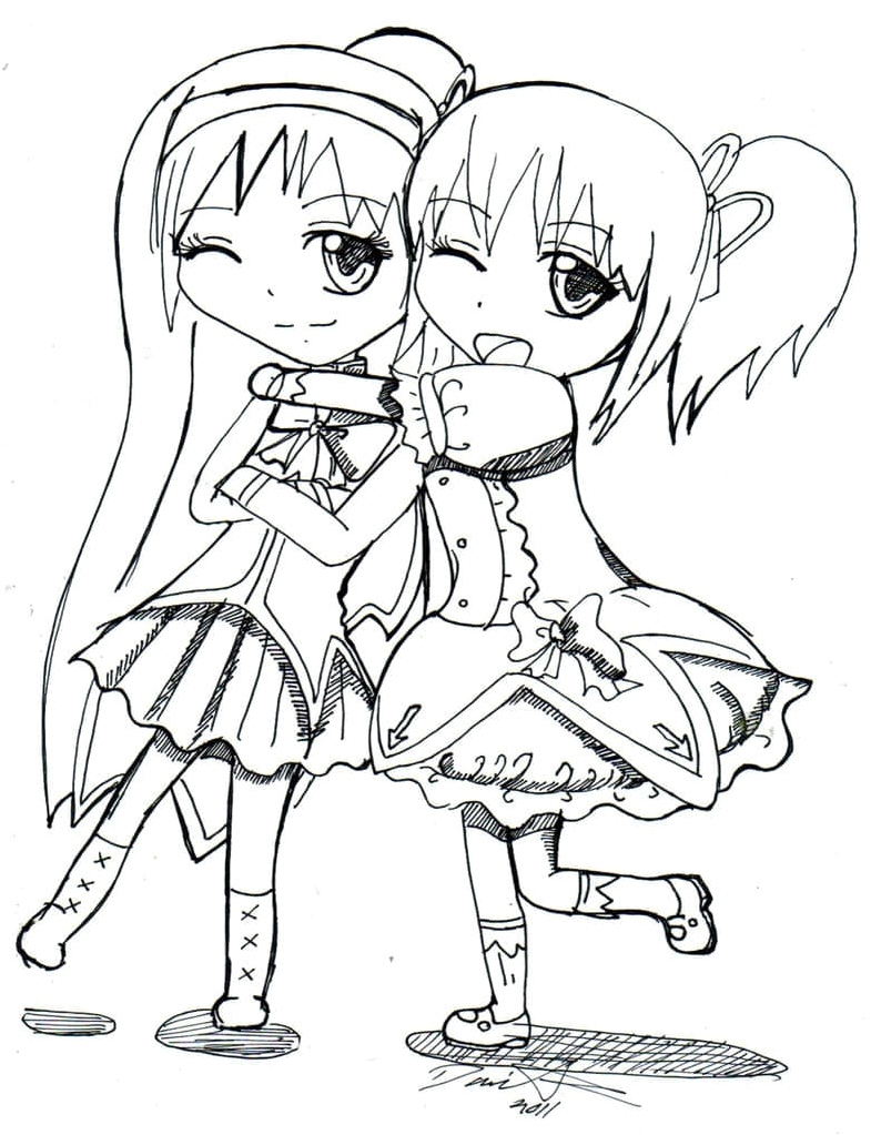 Best Friends Anime Girls Coloring Page