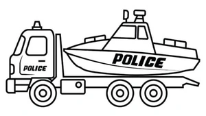 A police tow truck assists in launching a police boat into the water. Coloring Page