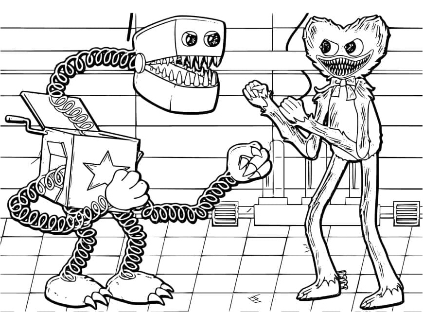 Boxy Boo and Huggy Wuggy have been transformed into a coloring page. Coloring Page