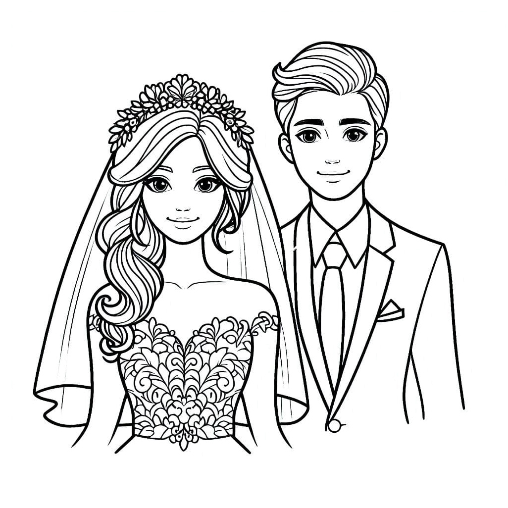 The Bride and Groom wearing smiles Coloring Page