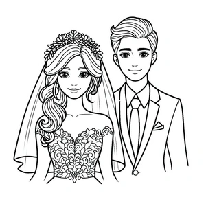 The Bride and Groom wearing smiles Coloring Page