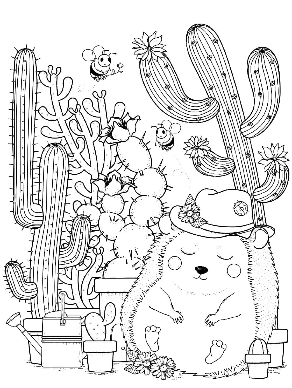 Hedgehog and Cactus Sleeping Coloring Page