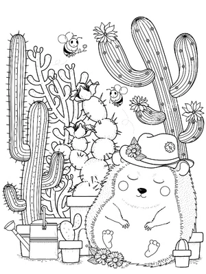 Hedgehog and Cactus Sleeping Coloring Page