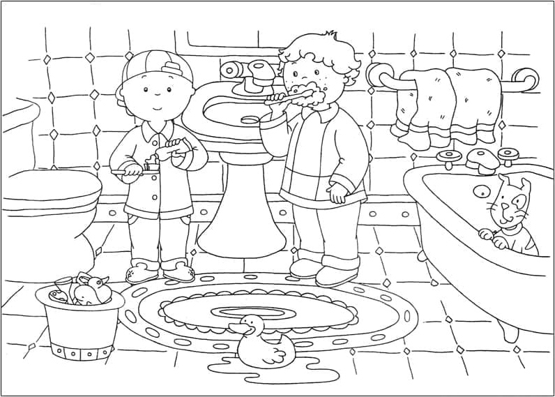 Caillou and Leo in the Bathroom Coloring Page Coloring Page