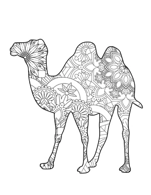 Mandala Featuring a Camel Surrounded by Flowers Coloring Page