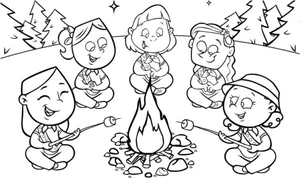 A Group of Friends Roasting Marshmallows over a Campfire Coloring Page