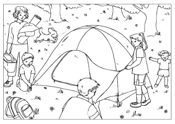 A Happy Family Pitches a Tent for a Night of Outdoor Camping Coloring Page