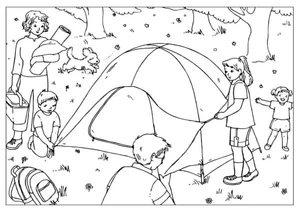 A Happy Family Pitches a Tent for a Night of Outdoor Camping Coloring Page