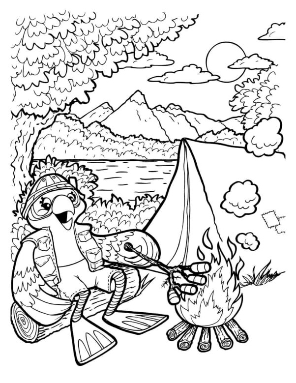An Experienced Owl Catching a Fish from a Pond and Roasting a Marshmallow over a Fire Coloring Page