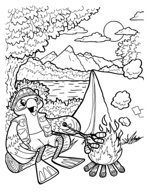 An Experienced Owl Catching a Fish from a Pond and Roasting a Marshmallow over a Fire Coloring Page