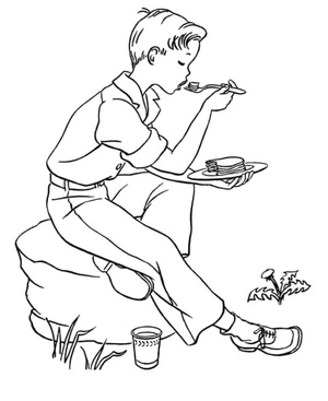 Camping Boy Eating Coloring Page