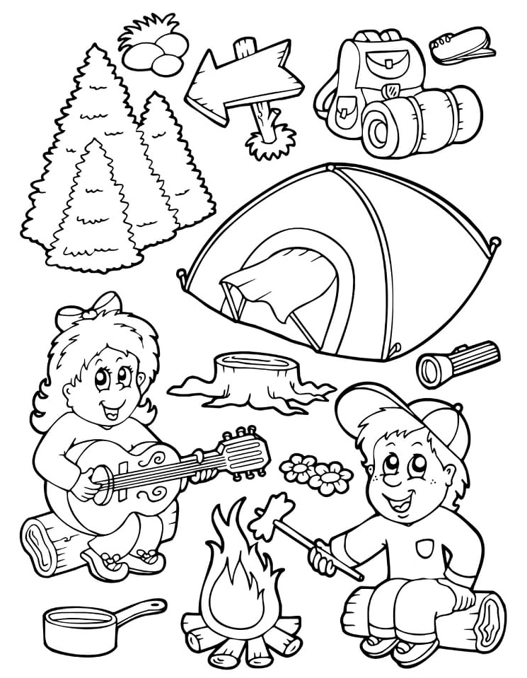 Children Camping Adventure Coloring Page