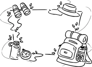 Compass, Water Bottle, Binoculars, Hat, Backpack, and Accessories Coloring Page