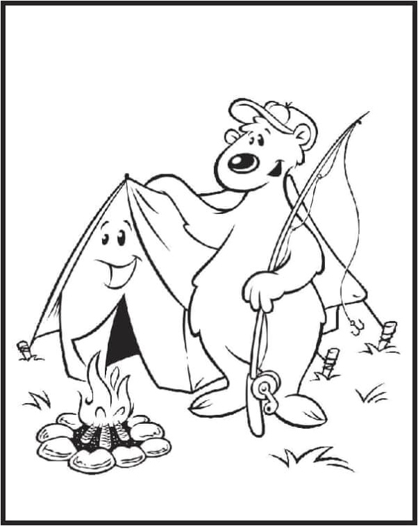 The Bear is Fishing with a Fishing Rod Coloring Page