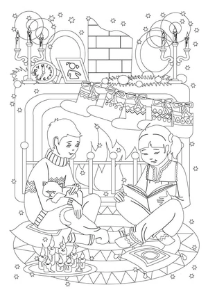 Children and Festive Stockings Coloring Page