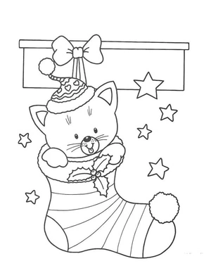 Christmas Stocking with a Kitten Coloring Page