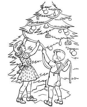 Decorating a Christmas Tree as Christmas Tree Decoration Coloring Page