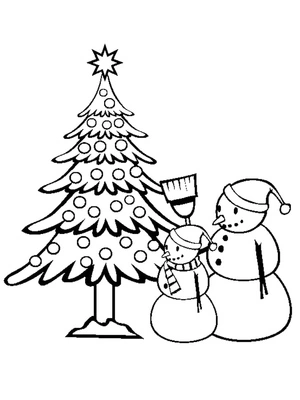 Snowmen and a Christmas Tree Coloring Page