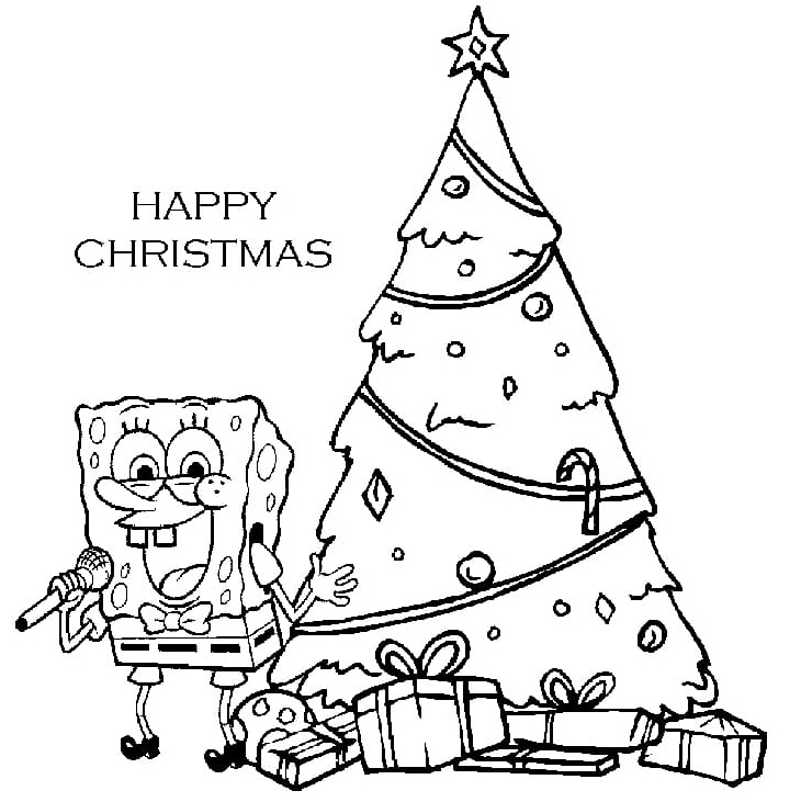 SpongeBob and a Christmas Tree Coloring Page