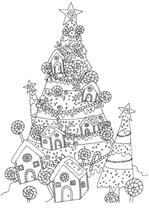 Tree Decorated with Christmas Lights and Gingerbread House