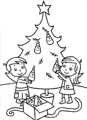Children are decorating the Christmas tree. Coloring Page