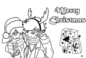 Ladybug and Cat Noir Celebrate Christmas Coloring Page