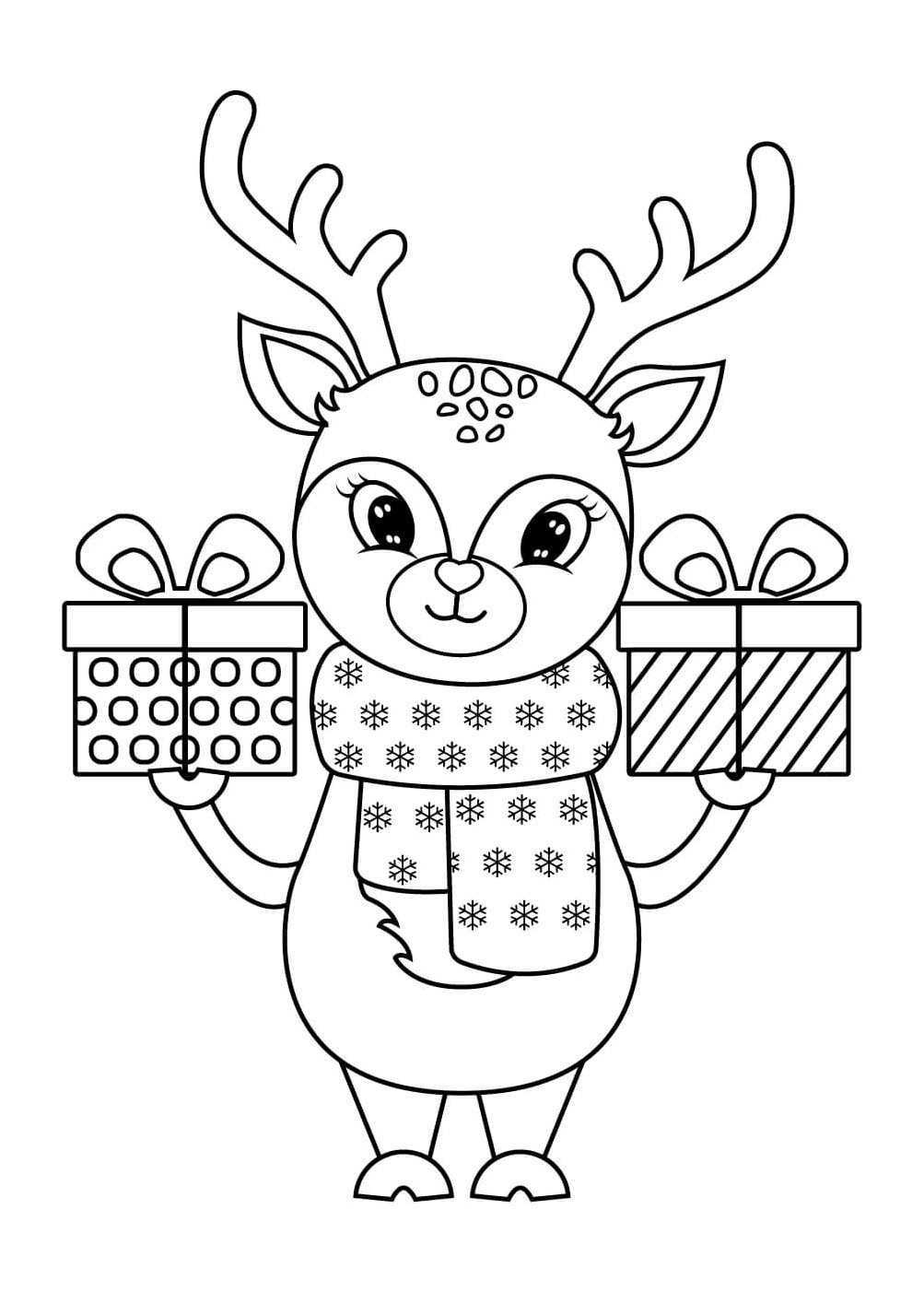 The reindeer is holding two gift boxes. Coloring Page