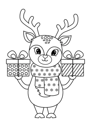 The reindeer is holding two gift boxes. Coloring Page