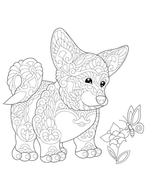 A Charming Puppy Admiring a Butterfly Amidst Patterns Coloring Page