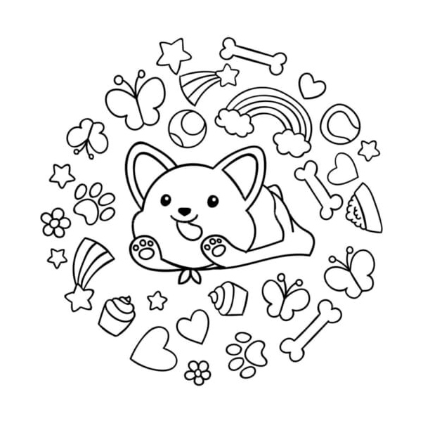 Happy Corgi Surrounded by Delicious Treats Coloring Page