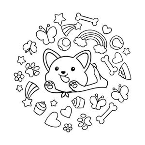 Happy Corgi Surrounded by Delicious Treats Coloring Page