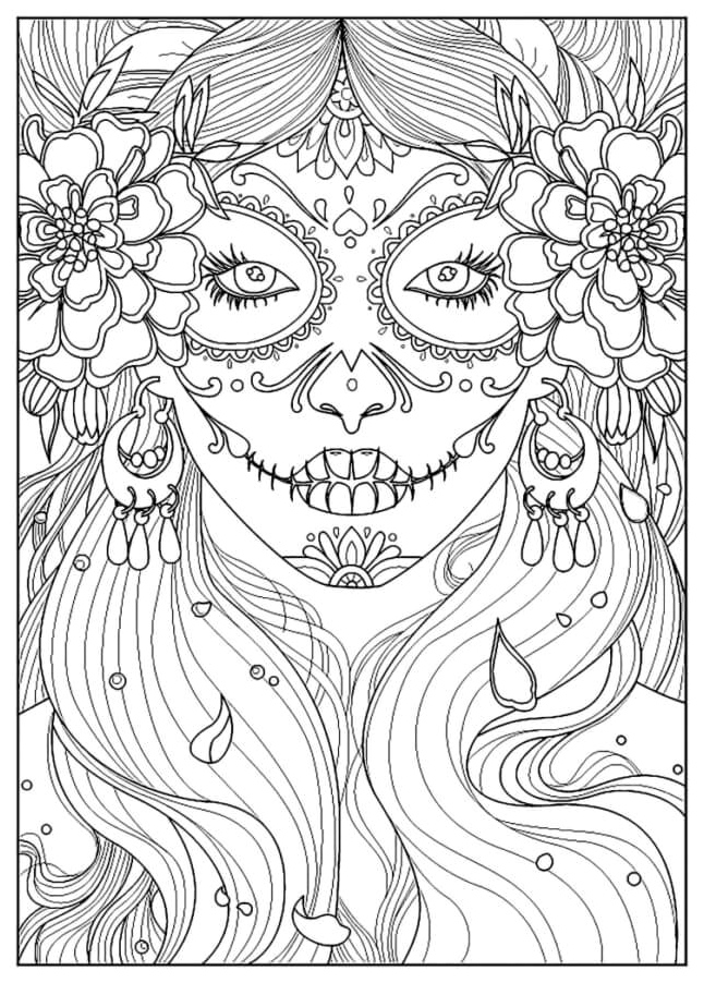 Festive Day of the Dead Beauty with Long Hair and Colorful Makeup Coloring Page