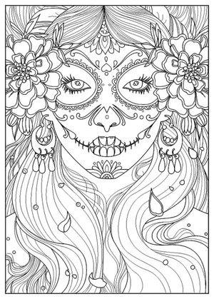 Festive Day of the Dead Beauty with Long Hair and Colorful Makeup Coloring Page