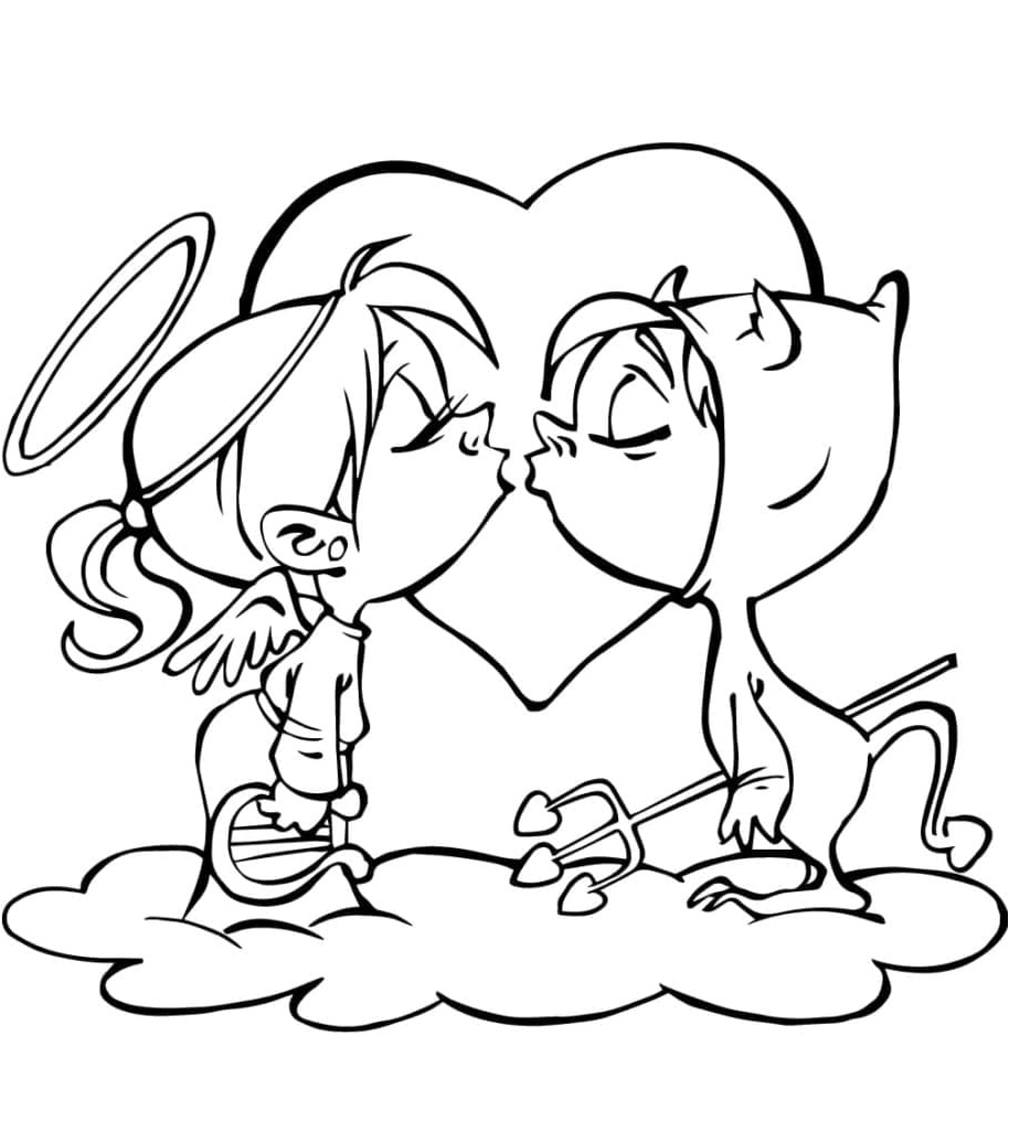 Angelic and Demonic Kiss Coloring Page