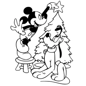 "Decorating the Christmas Tree with Mickey and Pluto" Coloring Page