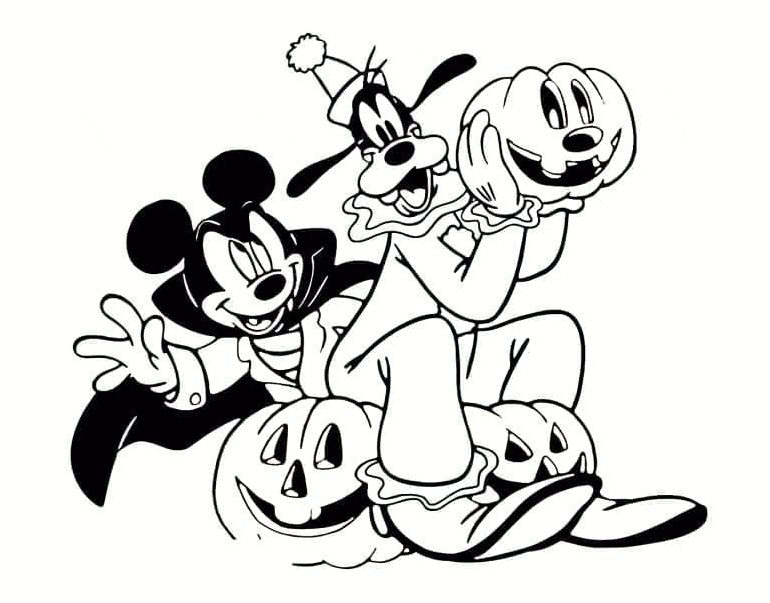 Disney Halloween with Mickey and Goofy Coloring Page